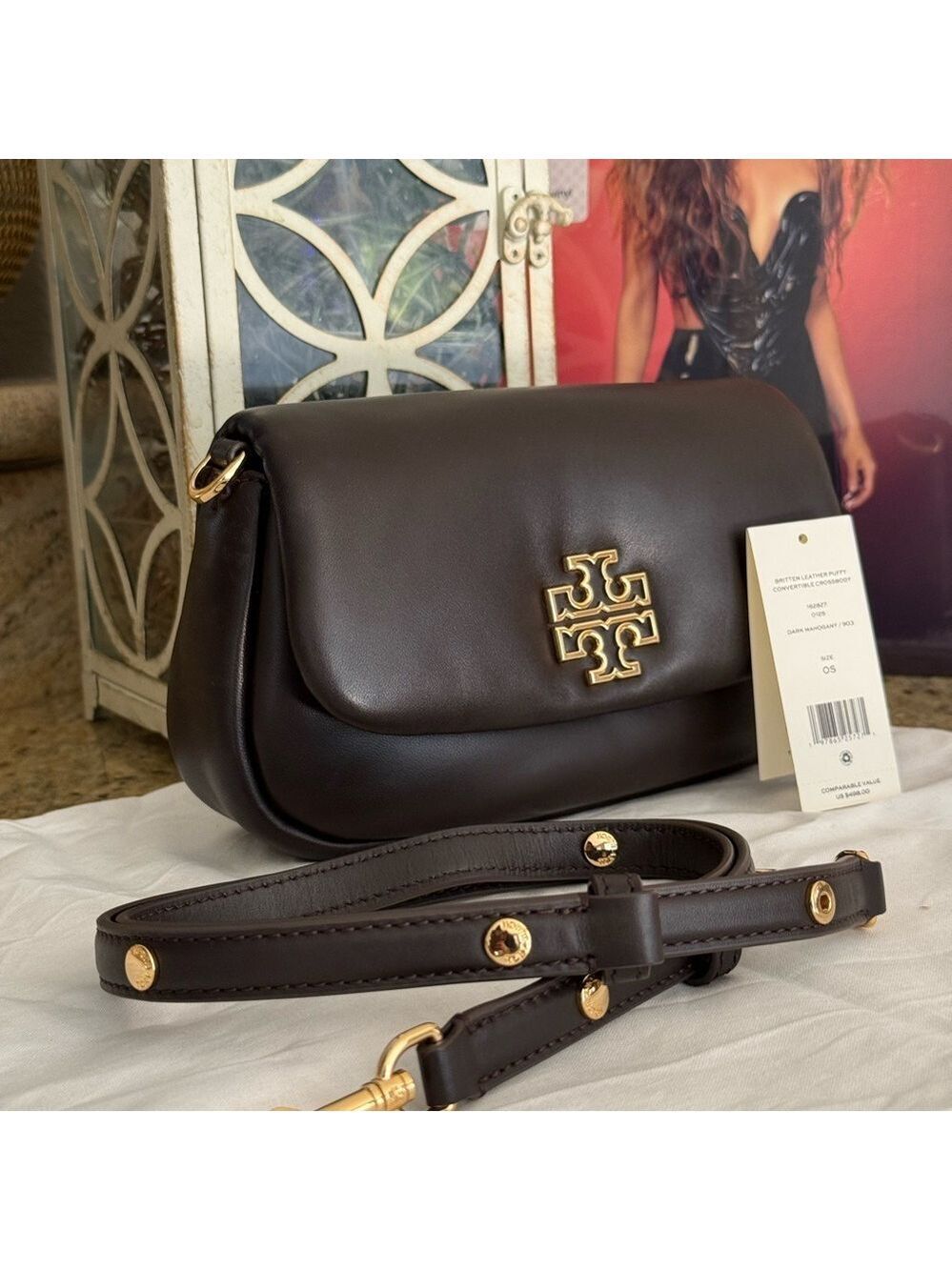 NEw tory burch BRITTEN LEATHER PUFFY CONVERTIBLE CROSSBODY DARK MAHOGANY